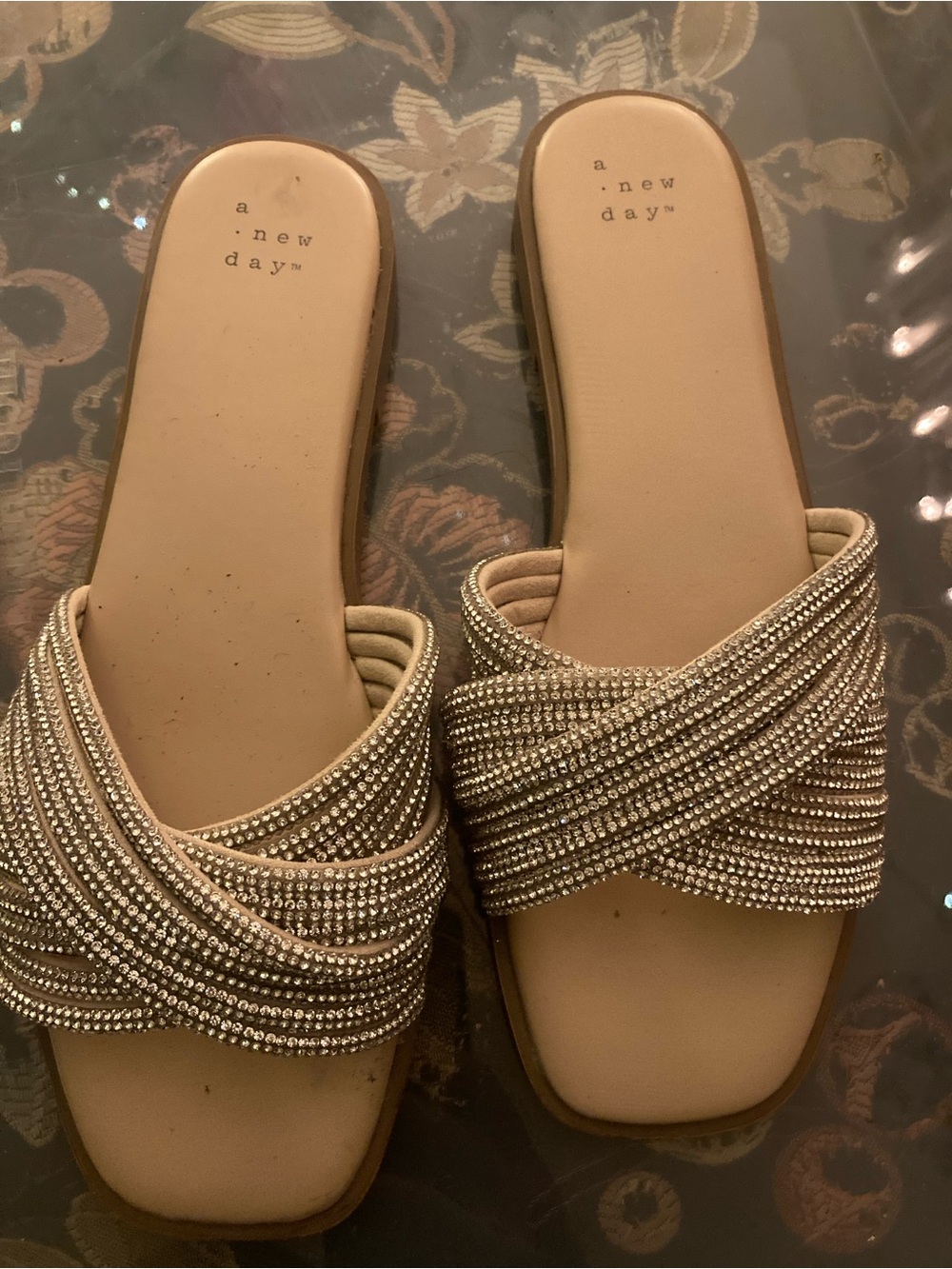 a.new.day Nude Rhinestone Crisscross Slide Sandals